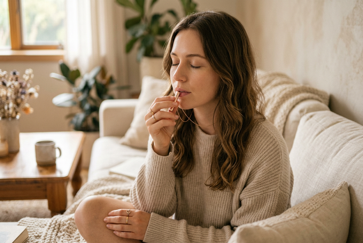 Woman wearing calm breathing necklace in a serene living room