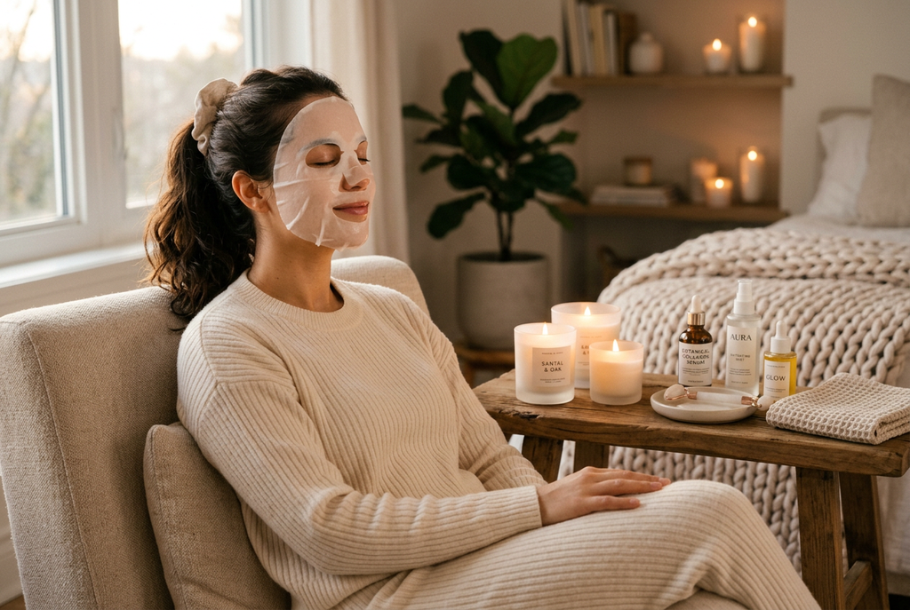 Woman relaxing with collagen lifting face mask in cozy wellness setting